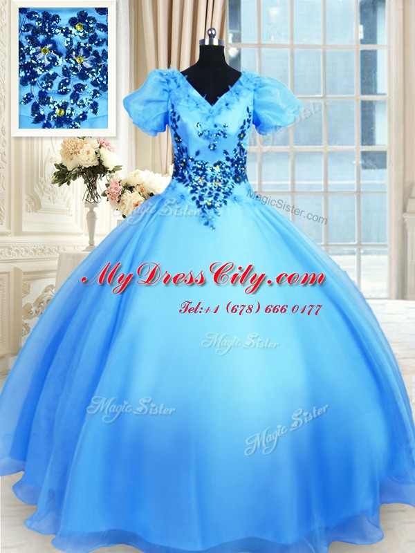 Low Price Organza V-neck Short Sleeves Lace Up Appliques Quince Ball Gowns in Baby Blue