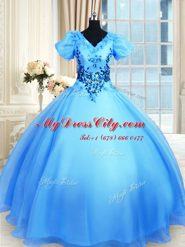 Low Price Organza V-neck Short Sleeves Lace Up Appliques Quince Ball Gowns in Baby Blue