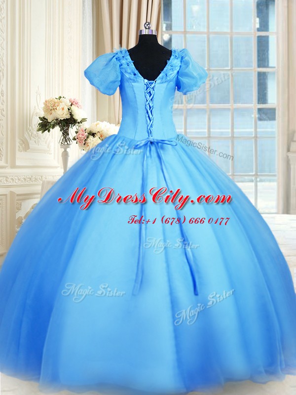 Low Price Organza V-neck Short Sleeves Lace Up Appliques Quince Ball Gowns in Baby Blue