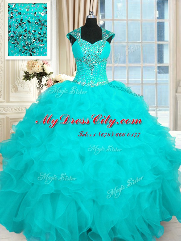 Aqua Blue Sweet 16 Quinceanera Dress Military Ball and Sweet 16 and Quinceanera and For with Beading and Ruffles Straps Cap Sleeves Lace Up