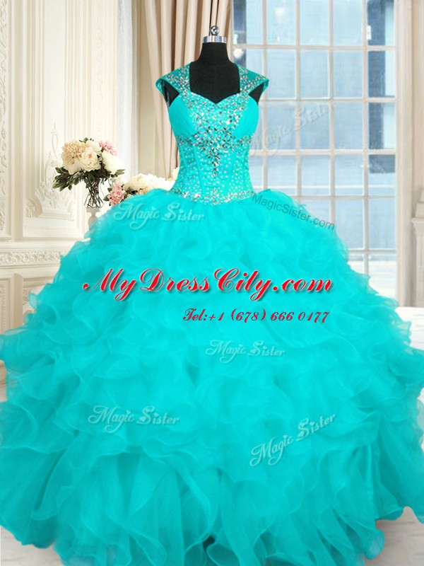 Aqua Blue Sweet 16 Quinceanera Dress Military Ball and Sweet 16 and Quinceanera and For with Beading and Ruffles Straps Cap Sleeves Lace Up