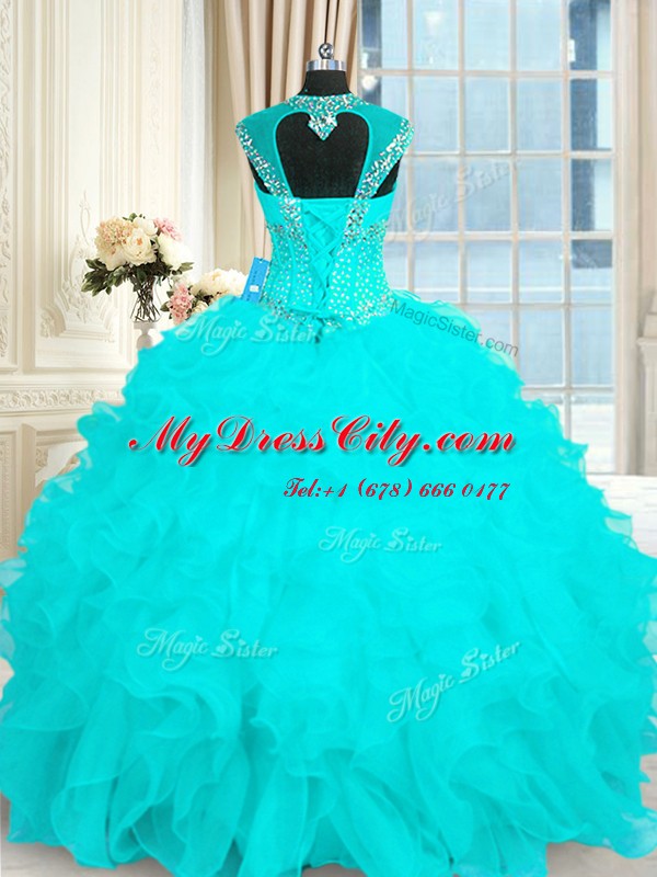 Aqua Blue Sweet 16 Quinceanera Dress Military Ball and Sweet 16 and Quinceanera and For with Beading and Ruffles Straps Cap Sleeves Lace Up