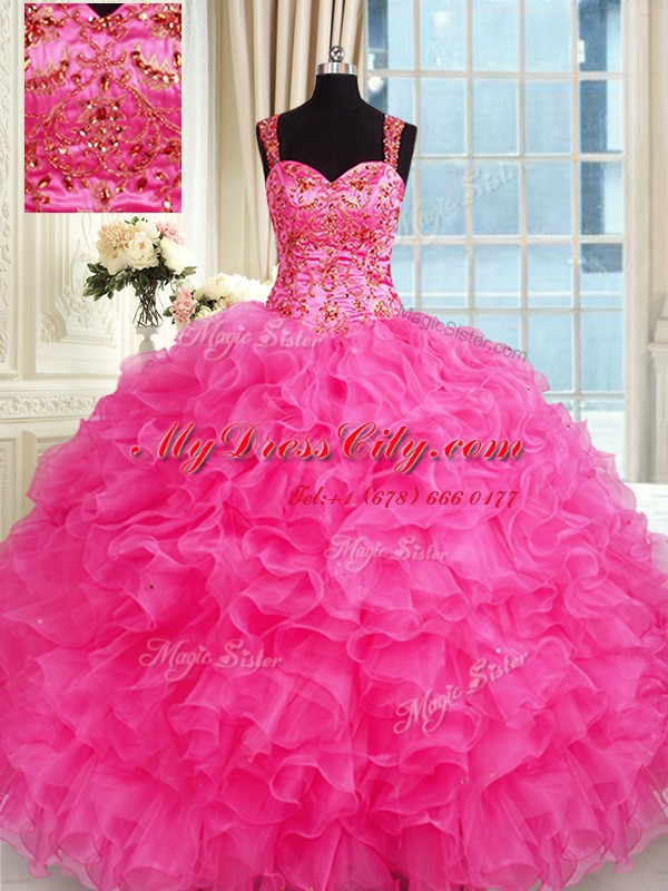 Custom Made Hot Pink Lace Up Straps Embroidery and Ruffles 15th Birthday Dress Organza Sleeveless