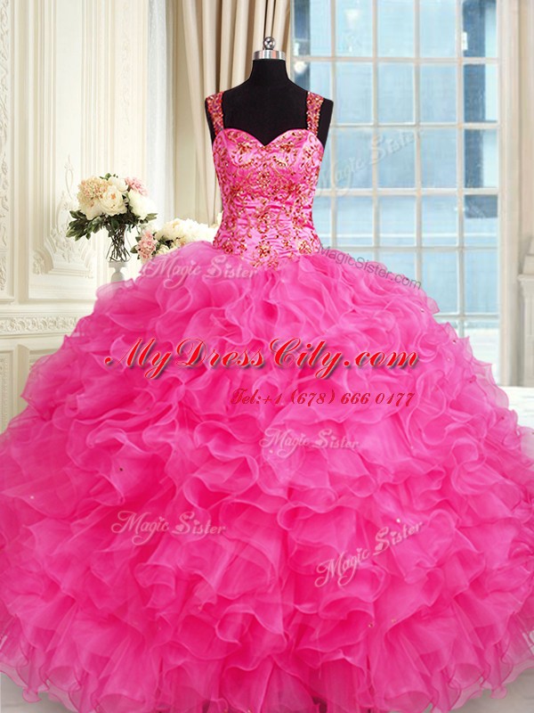 Custom Made Hot Pink Lace Up Straps Embroidery and Ruffles 15th Birthday Dress Organza Sleeveless