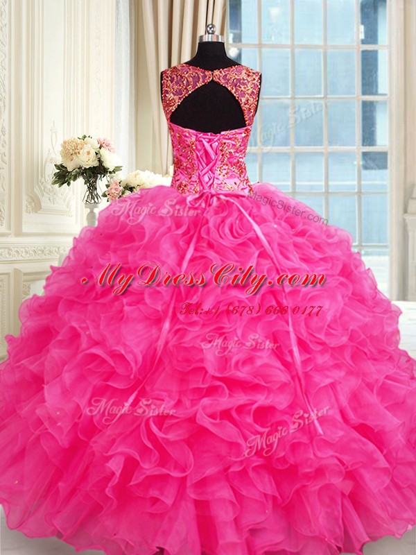 Custom Made Hot Pink Lace Up Straps Embroidery and Ruffles 15th Birthday Dress Organza Sleeveless