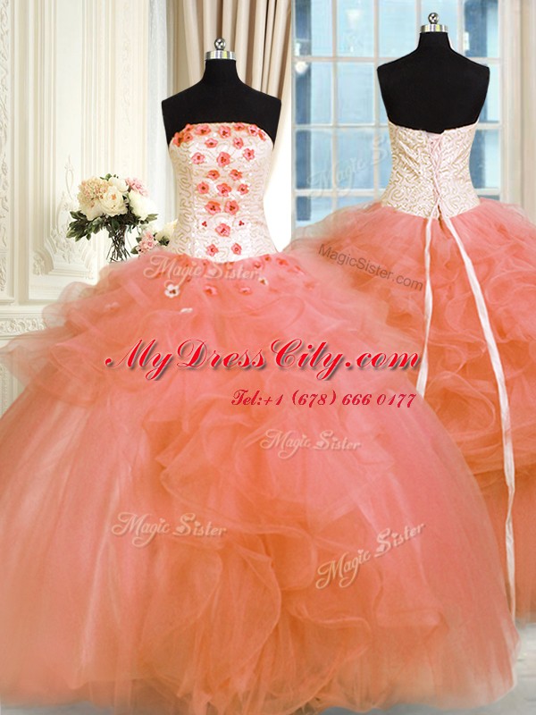 Strapless Sleeveless Tulle Quince Ball Gowns Pick Ups and Hand Made Flower Lace Up