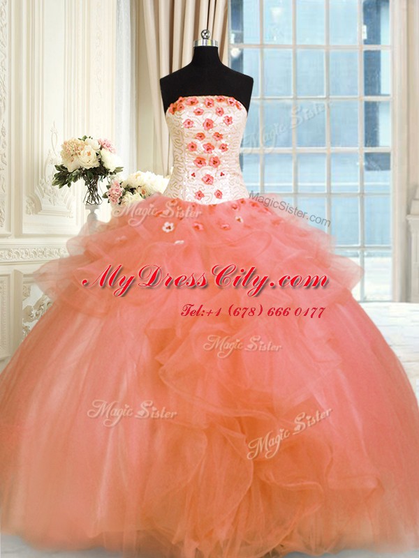 Strapless Sleeveless Tulle Quince Ball Gowns Pick Ups and Hand Made Flower Lace Up