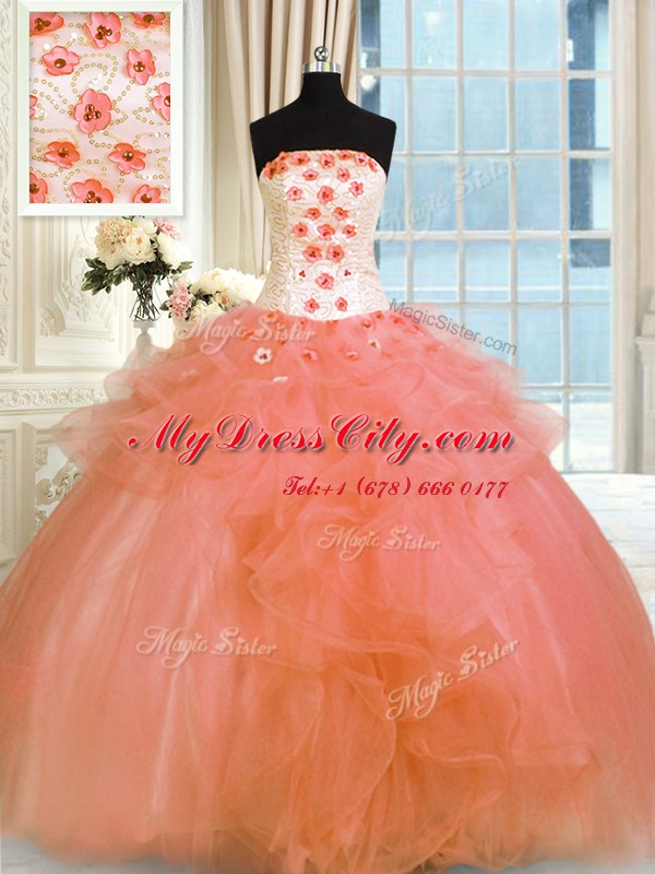 Strapless Sleeveless Tulle Quince Ball Gowns Pick Ups and Hand Made Flower Lace Up