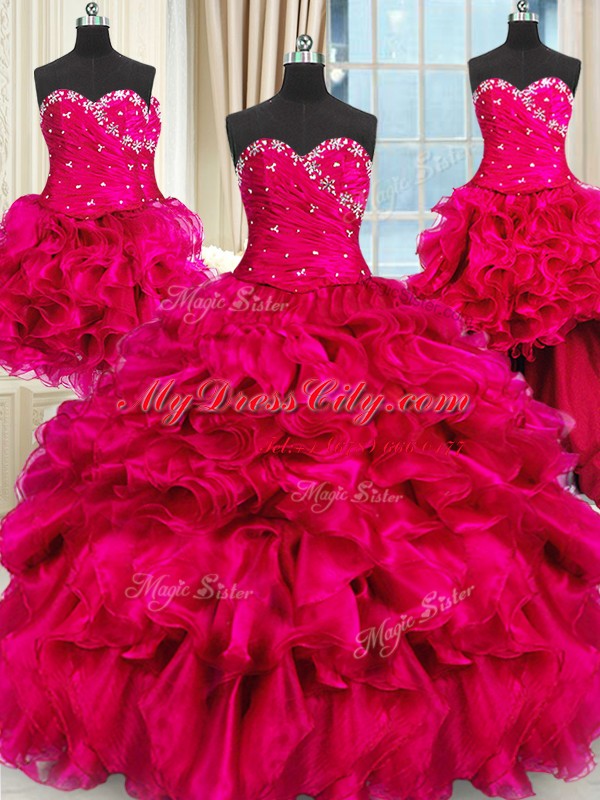 Four Piece Hot Pink Three Pieces Beading and Ruffles and Ruching 15th Birthday Dress Lace Up Organza Sleeveless Floor Length