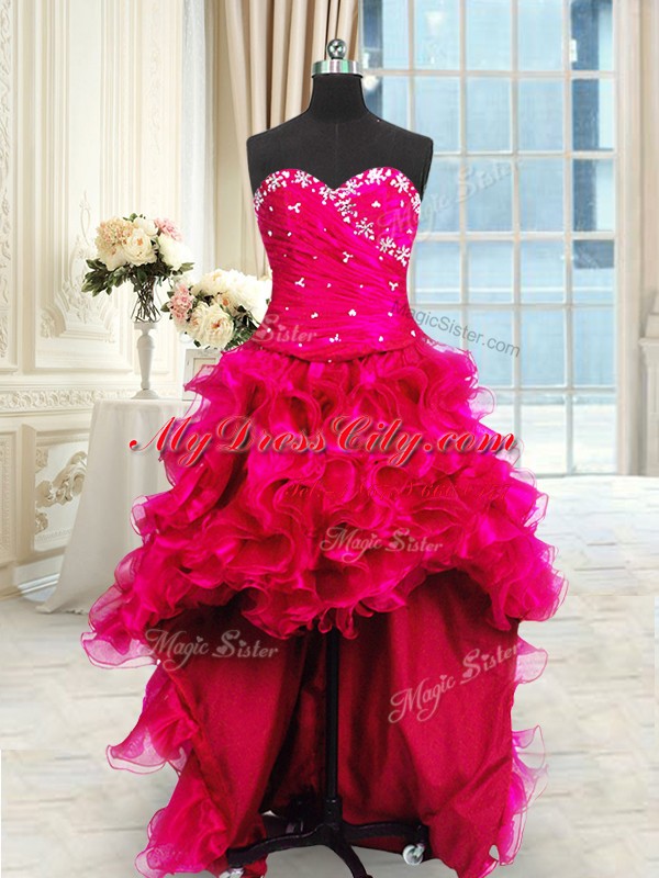 Four Piece Hot Pink Three Pieces Beading and Ruffles and Ruching 15th Birthday Dress Lace Up Organza Sleeveless Floor Length