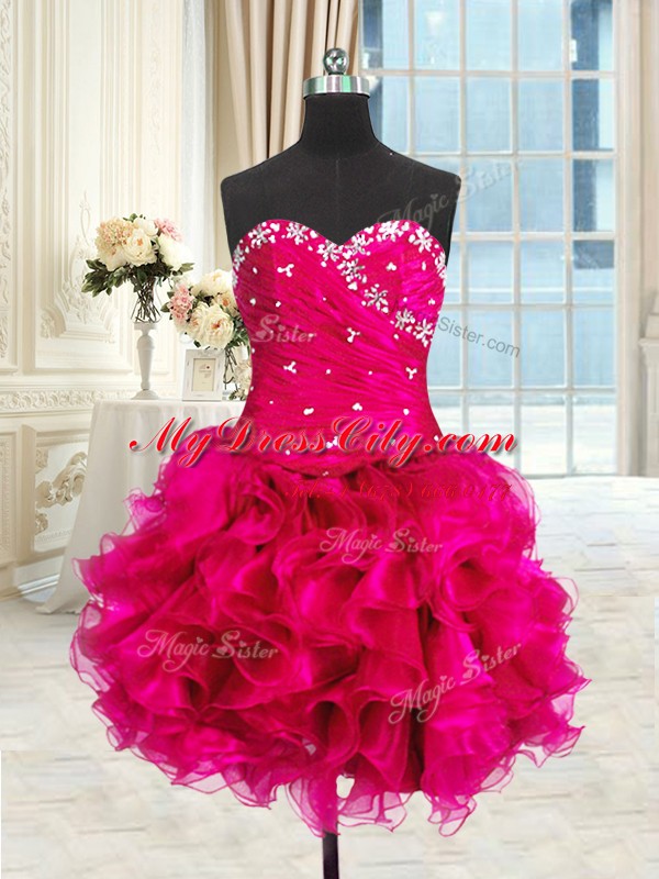 Four Piece Hot Pink Three Pieces Beading and Ruffles and Ruching 15th Birthday Dress Lace Up Organza Sleeveless Floor Length