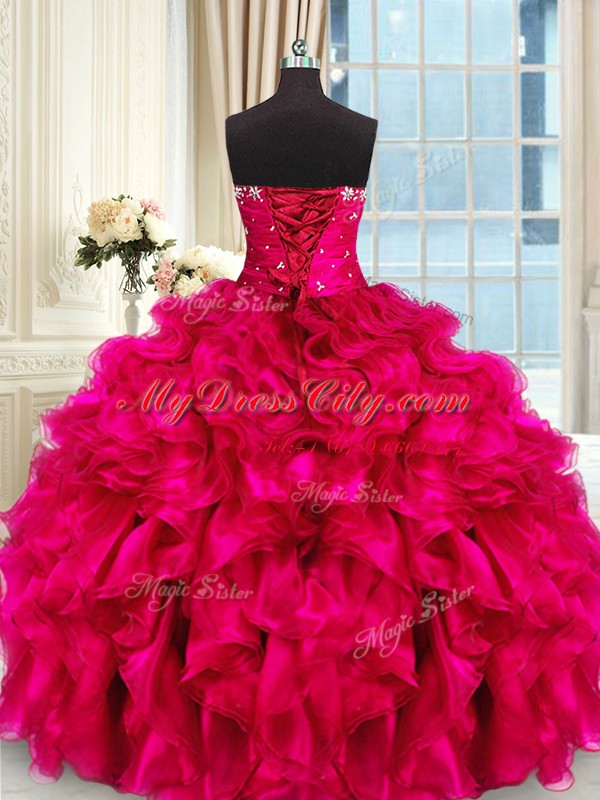 Four Piece Hot Pink Three Pieces Beading and Ruffles and Ruching 15th Birthday Dress Lace Up Organza Sleeveless Floor Length