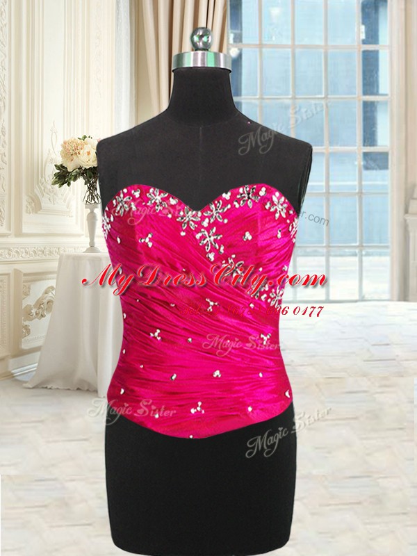 Four Piece Hot Pink Three Pieces Beading and Ruffles and Ruching 15th Birthday Dress Lace Up Organza Sleeveless Floor Length