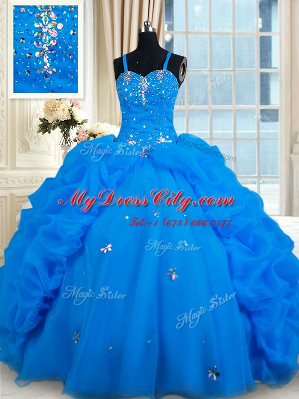 Gorgeous Pick Ups Ball Gowns Quinceanera Dress Blue Spaghetti Straps Organza Sleeveless Floor Length Lace Up