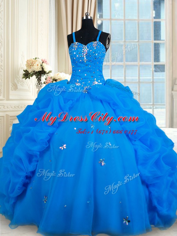 Gorgeous Pick Ups Ball Gowns Quinceanera Dress Blue Spaghetti Straps Organza Sleeveless Floor Length Lace Up