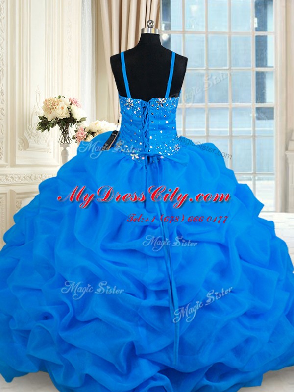 Gorgeous Pick Ups Ball Gowns Quinceanera Dress Blue Spaghetti Straps Organza Sleeveless Floor Length Lace Up