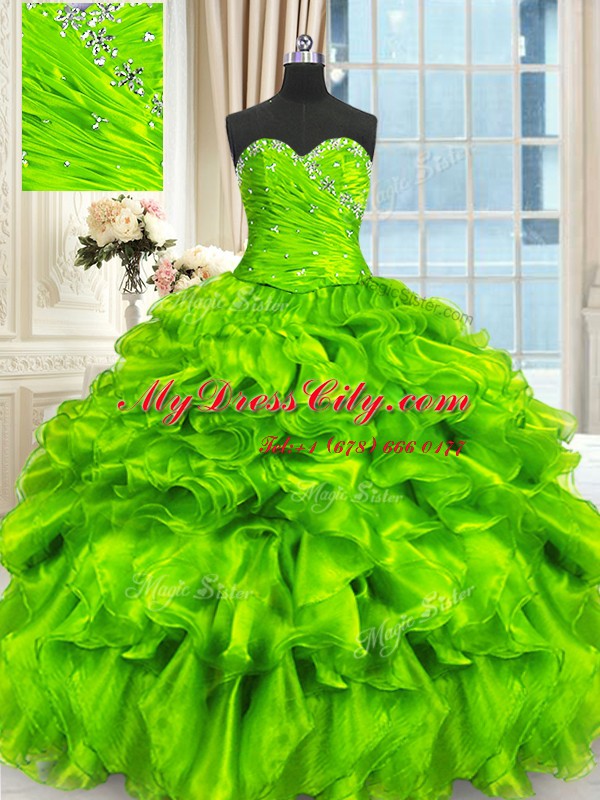 Ball Gowns Beading and Ruffles and Ruching Quinceanera Dresses Lace Up Organza Sleeveless Floor Length