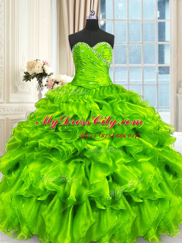 Ball Gowns Beading and Ruffles and Ruching Quinceanera Dresses Lace Up Organza Sleeveless Floor Length