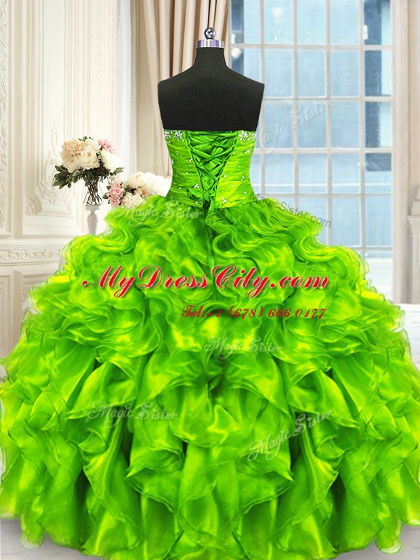 Ball Gowns Beading and Ruffles and Ruching Quinceanera Dresses Lace Up Organza Sleeveless Floor Length