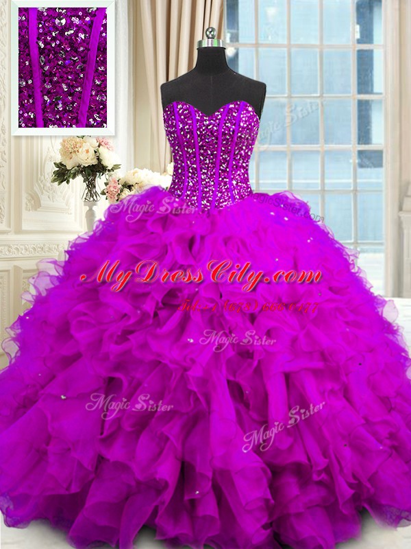 Superior Beading and Ruffles and Sequins Quinceanera Dresses Purple Lace Up Sleeveless Floor Length