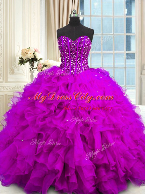 Superior Beading and Ruffles and Sequins Quinceanera Dresses Purple Lace Up Sleeveless Floor Length