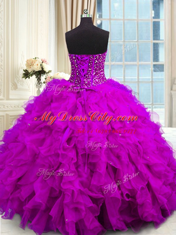 Superior Beading and Ruffles and Sequins Quinceanera Dresses Purple Lace Up Sleeveless Floor Length