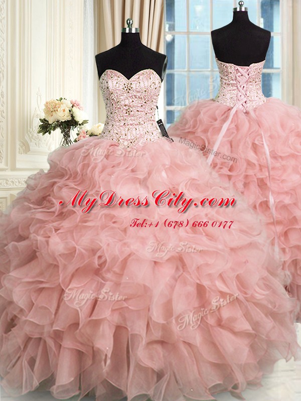 Sweetheart Sleeveless Quinceanera Gowns Floor Length Beading and Ruffles Baby Pink Organza