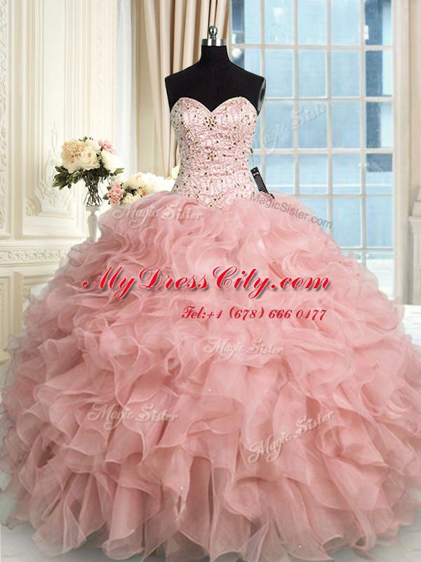 Sweetheart Sleeveless Quinceanera Gowns Floor Length Beading and Ruffles Baby Pink Organza