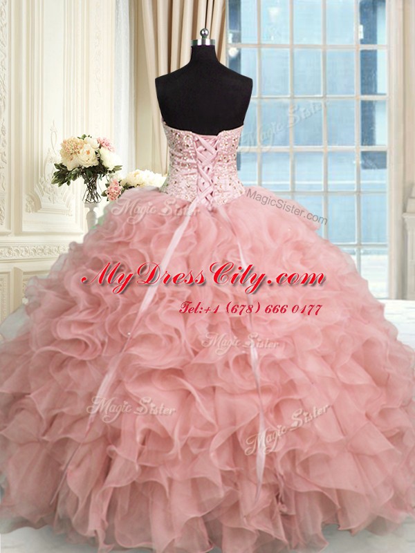 Sweetheart Sleeveless Quinceanera Gowns Floor Length Beading and Ruffles Baby Pink Organza