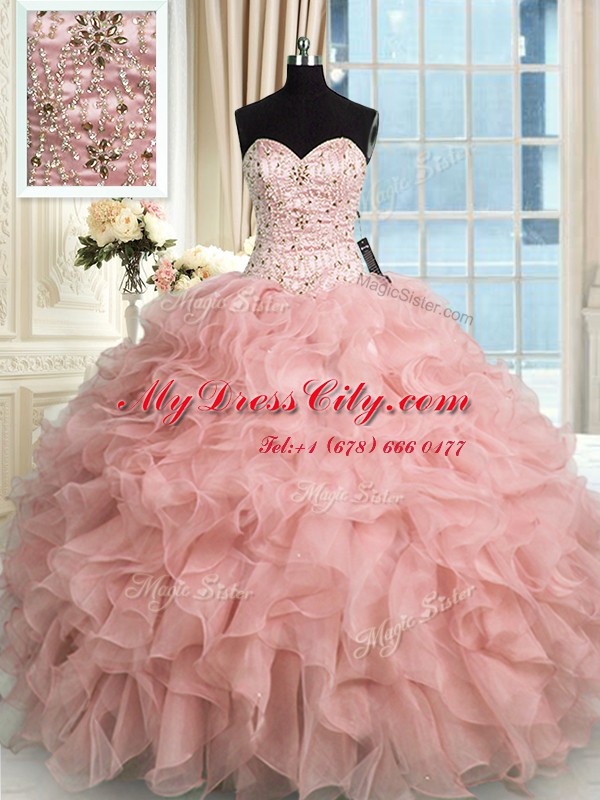 Sweetheart Sleeveless Quinceanera Gowns Floor Length Beading and Ruffles Baby Pink Organza