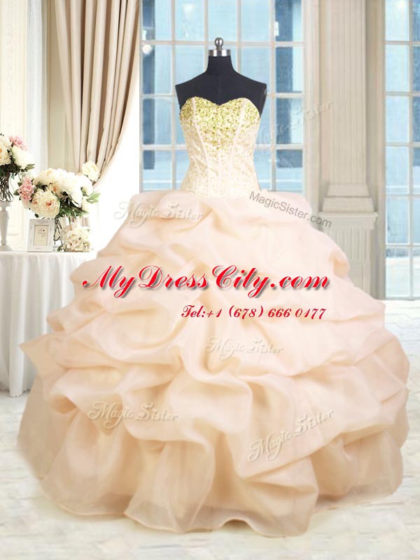 Customized Peach Sleeveless Floor Length Beading and Ruffles Lace Up 15 Quinceanera Dress