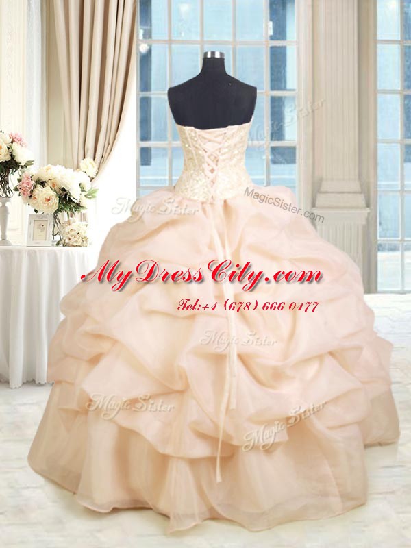 Customized Peach Sleeveless Floor Length Beading and Ruffles Lace Up 15 Quinceanera Dress