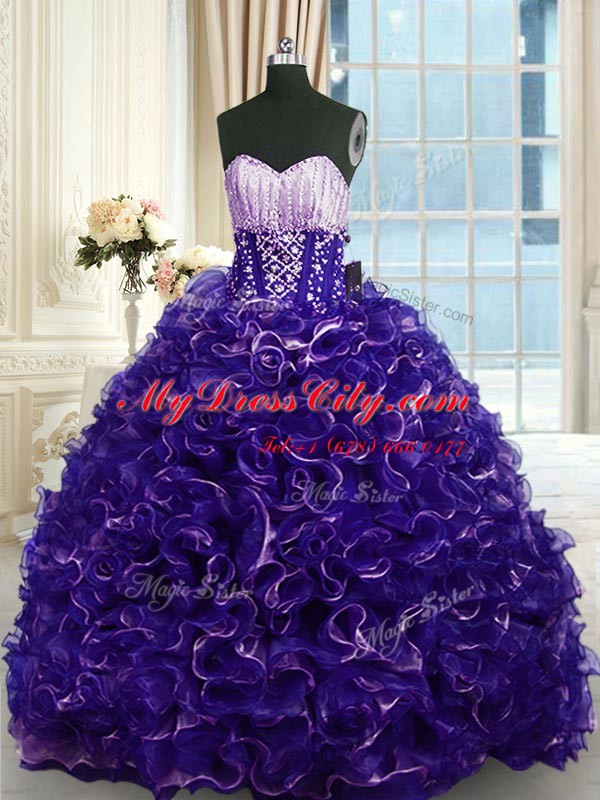 Purple Sleeveless Organza Brush Train Lace Up 15 Quinceanera Dress for Military Ball and Sweet 16 and Quinceanera