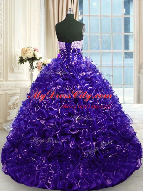 Purple Sleeveless Organza Brush Train Lace Up 15 Quinceanera Dress for Military Ball and Sweet 16 and Quinceanera