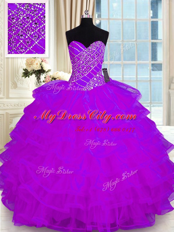 Sweetheart Sleeveless Quinceanera Gown Floor Length Beading and Ruffled Layers Purple Organza