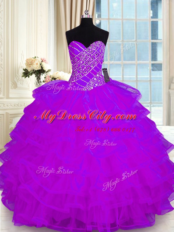 Sweetheart Sleeveless Quinceanera Gown Floor Length Beading and Ruffled Layers Purple Organza