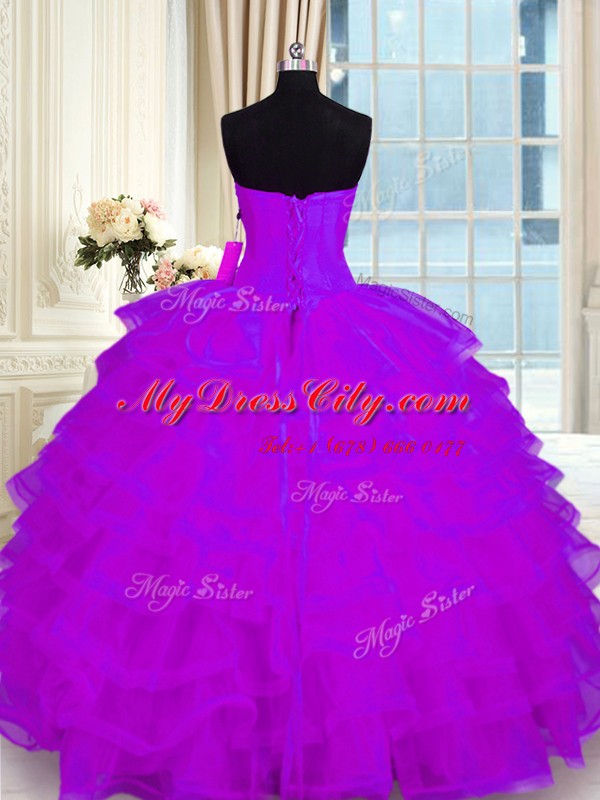 Sweetheart Sleeveless Quinceanera Gown Floor Length Beading and Ruffled Layers Purple Organza