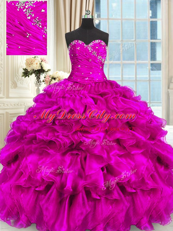 Sweetheart Sleeveless Organza Sweet 16 Dresses Beading and Ruffles Lace Up