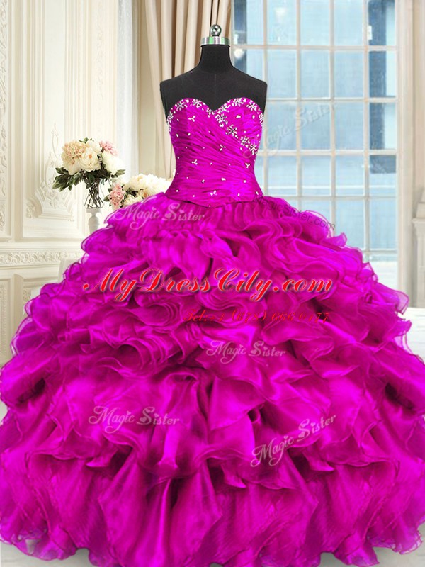 Sweetheart Sleeveless Organza Sweet 16 Dresses Beading and Ruffles Lace Up