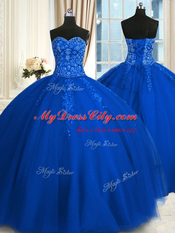 Stunning Sleeveless Tulle Floor Length Lace Up Ball Gown Prom Dress in Blue with Appliques and Embroidery