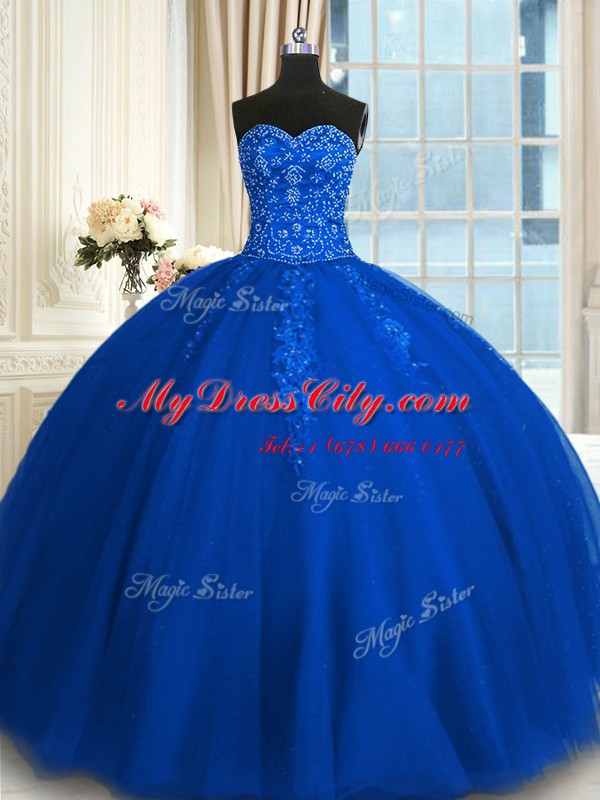 Stunning Sleeveless Tulle Floor Length Lace Up Ball Gown Prom Dress in Blue with Appliques and Embroidery