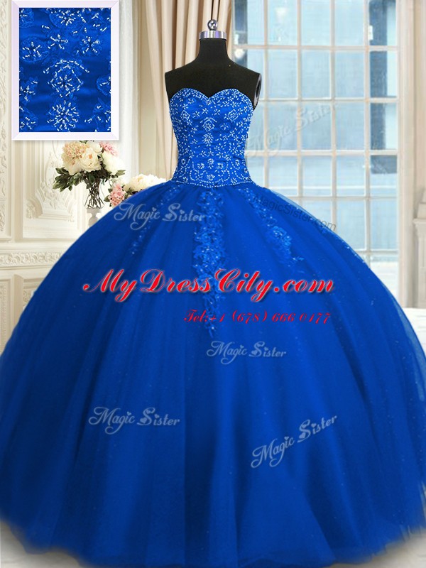 Stunning Sleeveless Tulle Floor Length Lace Up Ball Gown Prom Dress in Blue with Appliques and Embroidery