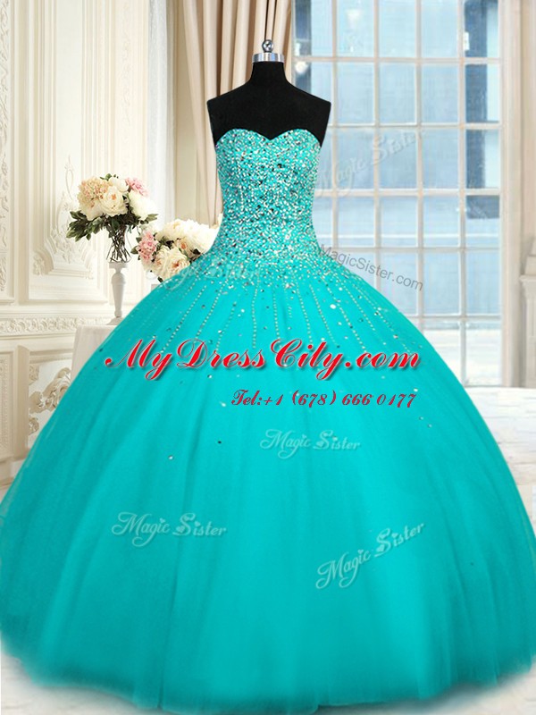 Aqua Blue Sweetheart Neckline Beading Quinceanera Gown Sleeveless Lace Up