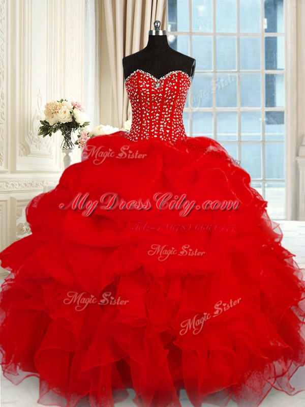 Sumptuous Beading and Ruffles Sweet 16 Quinceanera Dress Wine Red Lace Up Sleeveless Floor Length