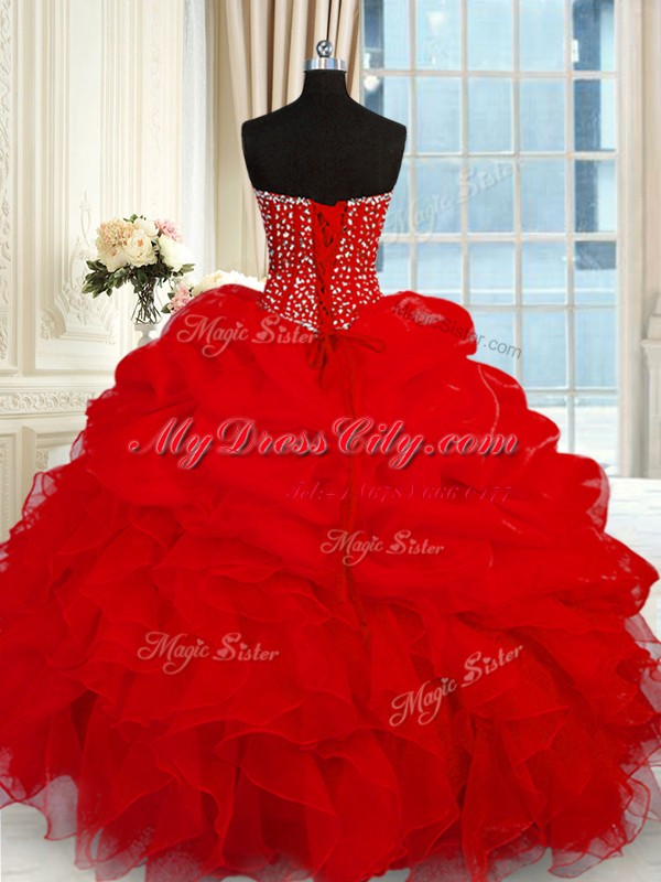 Sumptuous Beading and Ruffles Sweet 16 Quinceanera Dress Wine Red Lace Up Sleeveless Floor Length