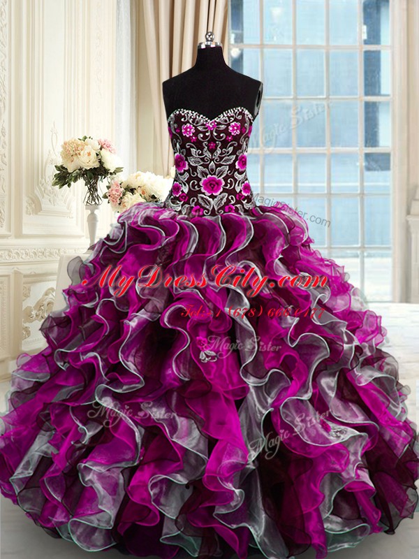 Floor Length Multi-color Quinceanera Gown Organza Sleeveless Beading and Appliques