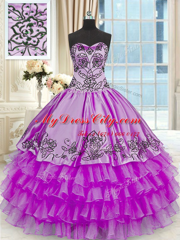 Discount Sleeveless Organza and Taffeta Floor Length Lace Up Sweet 16 Dress in Purple with Beading and Embroidery and Ruffled Layers