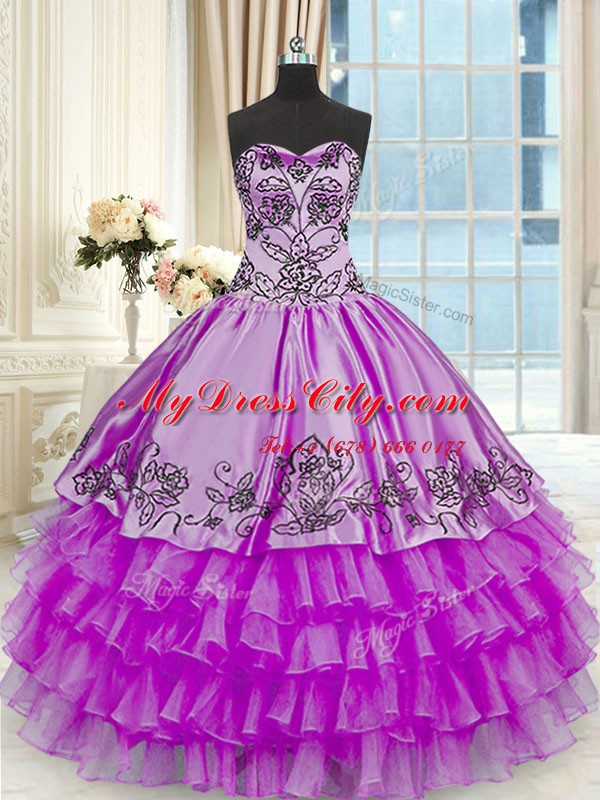 Discount Sleeveless Organza and Taffeta Floor Length Lace Up Sweet 16 Dress in Purple with Beading and Embroidery and Ruffled Layers