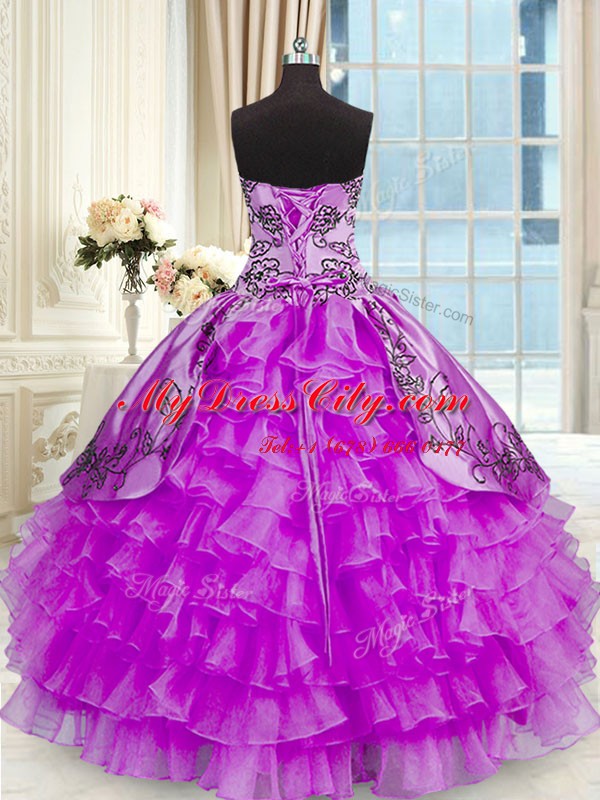 Discount Sleeveless Organza and Taffeta Floor Length Lace Up Sweet 16 Dress in Purple with Beading and Embroidery and Ruffled Layers