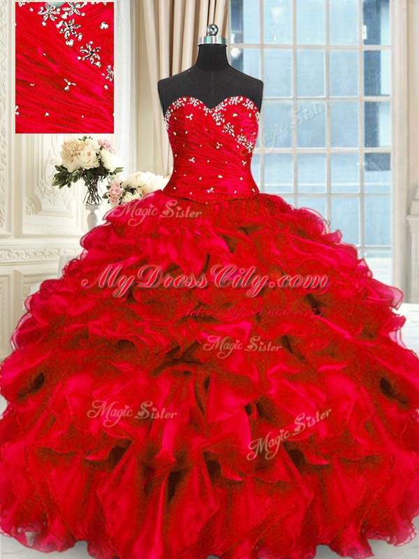 Modest Sleeveless Lace Up Floor Length Beading and Ruffles Quinceanera Dress